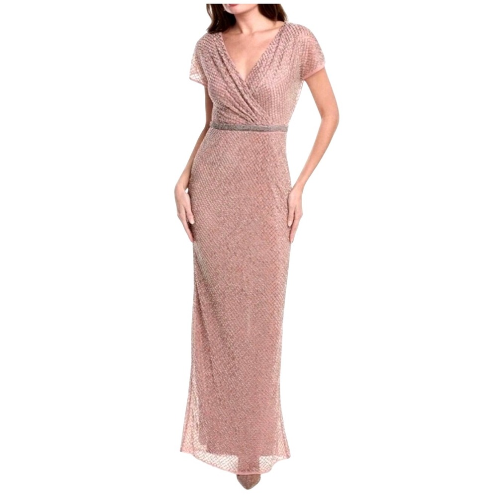 Mac Duggal 93787 Lattice Beaded Wrap VNeck Cap Sleeve Rose Pink Gown Size 14